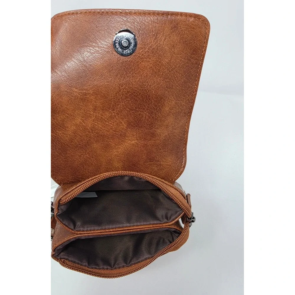 Vimutti Brown Floral Embossed Crossbody Phone Bag Vegan Leather Guitar Strap